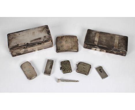 A collection of antique silver and silver plate smoking related collectablesto include two silver cigar boxes; silver cigaret