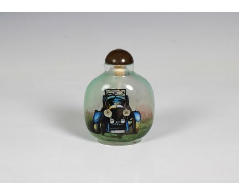 A Chinese '1927 Bentley motor car' inside painted snuff bottlewith glass stoppper, inscribed on the inside "1927 Bentley" wit