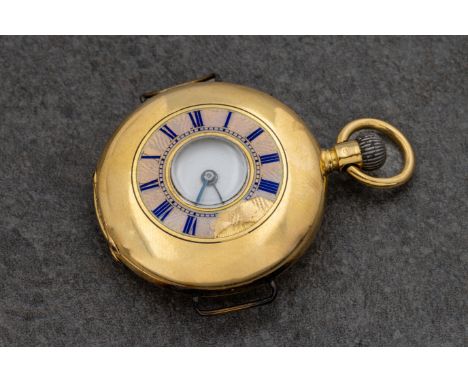 A continental 18k yellow gold and enamel ladies half hunter fob watchthe outer hinged cover with enamel chapter ring and Roma