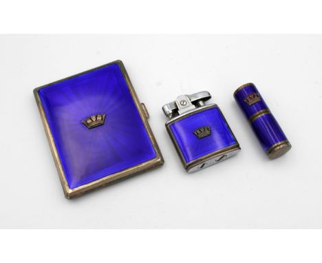 Navel interest - A silver and royal blue guilloche enamel engine turned cigarette caseJohn William Barrett, Birmingham, 1959,