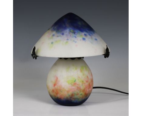 A Le Verre Francais blue and white glass lamp and shadethe domed shade with polychrome inclusions on corresponding bulbous ba