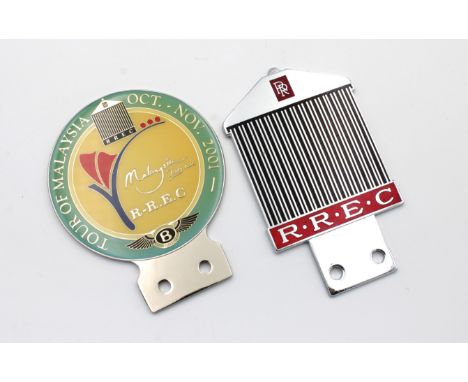 A chrome and enamel Rolls Royce Enthusiasts Club badge in the form of a radiator5.6 x 10cm. together with a chrome and enamel