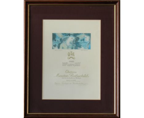 Two framed Chƒteau Mouton Rothschild wine label posterscomprising 1973 - after Pablo Picasso; 1985 - after Paul Delvaux, over