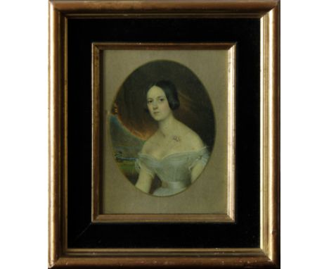 English School mid 19th centuryOval miniature portrait of a young woman, circa 1840, framed, 10.6 x 8.3cm.
