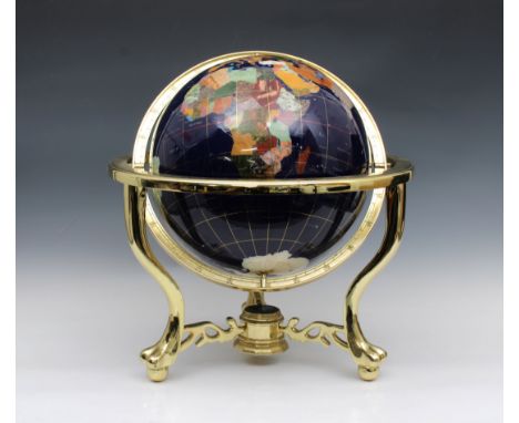 Modern semi-precious stone revolving world globe &amp; compass on brass stand46«cm. diameter.