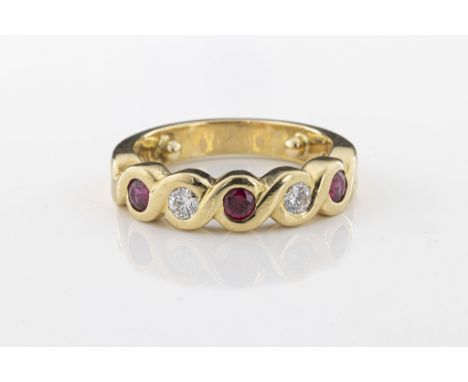 Catherine Best of Guernsey - an 18ct yellow gold ruby and diamond half eternity ringwith three round cut rubies, approx.0.69c