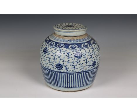 A Chinese blue &amp; white porcelain Ming style jar and coverUnmarked, probably late 19th / early 20th century, of ovoid form