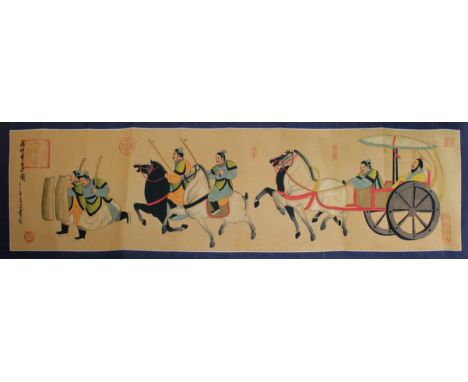 A group of Chinese scroll paintingsLikely 19th Century, Soldiers on Horseback, signed with seal marks and extensively inscrib