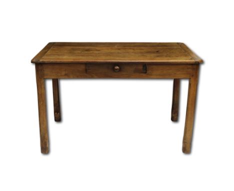 An elm farmhouse table the three plank top with cleated ends above a frieze with single drawer and four chamfered legs, 76cm 