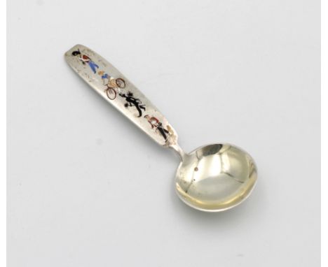 A Danish sterling silver and enamel caddy spoon by Anton Michelsenthe handle with enamel figures, to include soldiers, cyclis