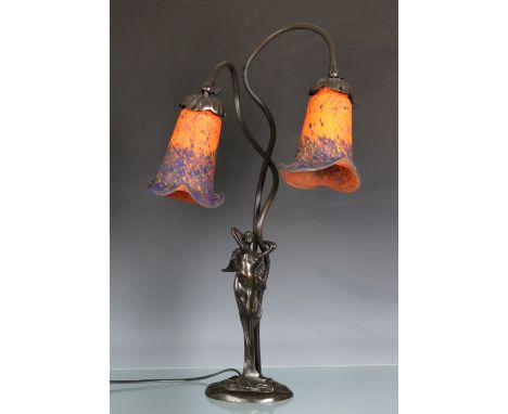 A French Art Nouveau bronze and glass twin headed lamp by Les Lumieres de Nancythe orange and blue shades with etched signatu