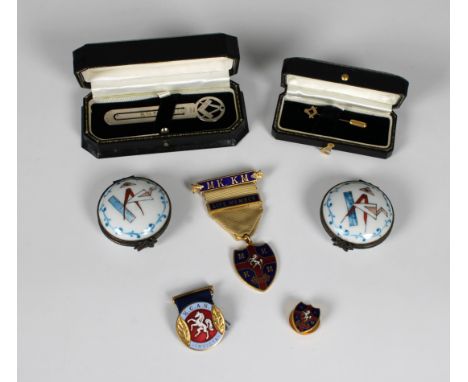 Masonic interest - A collection, to include a boxed 9ct gold square &amp; compasses stick pintogether with a silver square &a