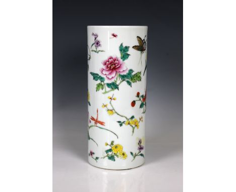 A Chinese porcelain sleeve vasepolychrome decoration of flora and insects, red seal mark to base, 28.7cm. high.