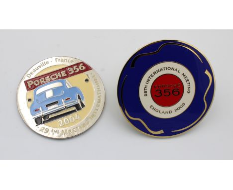 Two Porsche 356 chrome and enamel car badgesinscribed "Porsche 356 Deauville France 2004 29eme Meeting International" 7.9cm. 