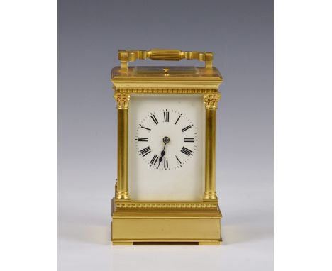 A Grande Sonnerie gilt brass carriage clock with push button repeat,early 20th century, no. 422, in gilt Anglaise Corinthian 