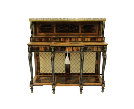 A fine Regency satinwood and coromandel side cabinetwith brass inlay throughout, the raised upper tier with pierced brass gal