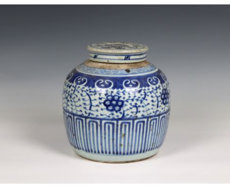 A Chinese blue &amp; white porcelain Ming style jar and coverunmarked, probably late 19th / early 20th century, of ovoid form