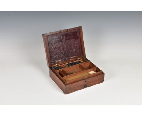 A Victorian artist's paint boxmahogany box with a single drawer, with a tolled leather insert to lid "J. Newman's Manufactory