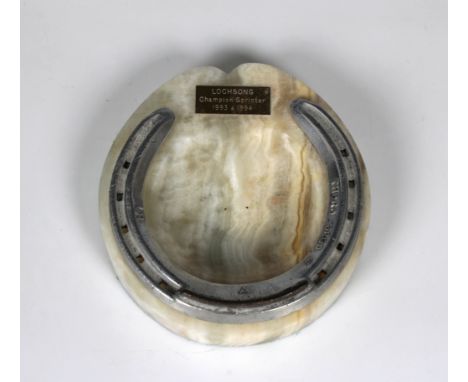 Horse racing interest - Onyx shaped horse hoof ashtraymounted with metal horse shoe, brass plaque 'LOCHSONG Champion Sprinter