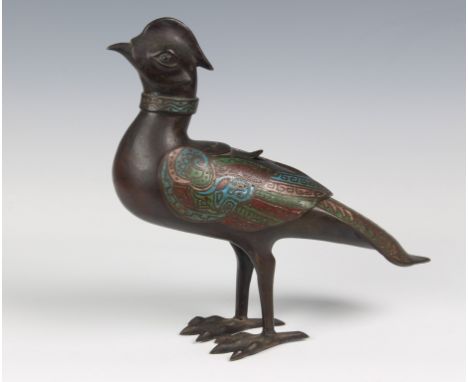 A 19th century Chinese archaistic bronze and champlev‚ enamel pheasant incense burnerof a 16th century design with removable 