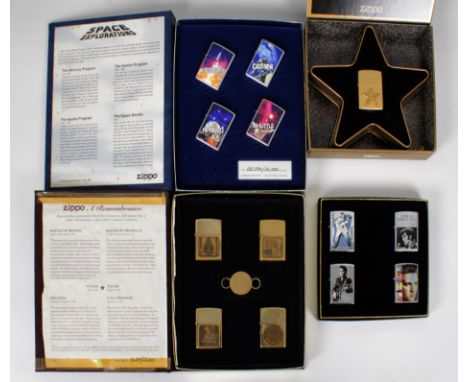 A collection of Zippo lighters - Comprising of a cased commemorative set, commemorating 'Space Explorations'to include The Me