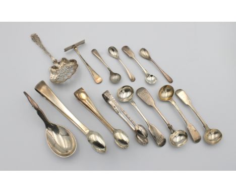 A collection of silver spoons and tongsto include an ornate sifter spoon with import marks for 1893; George Jensen caddy spoo