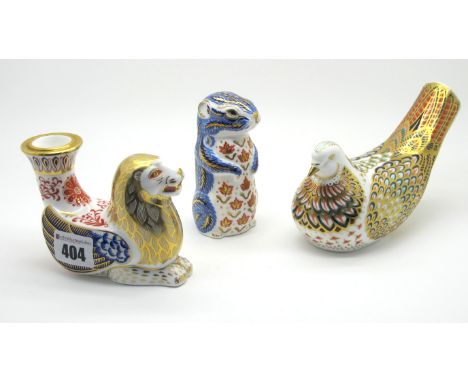 A Royal Crown Derby Porcelain Paperweight; Turtle Dove, gold stopper, 5cm wide, Chipmunk, gold stopper, 9cm high and a Lion C