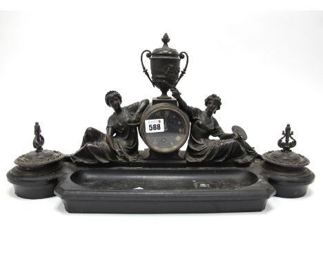 A Late XIX Century Spelter and Black Slate Mantel Clock, cast as two reclining females, one holding an artist's palette, the 
