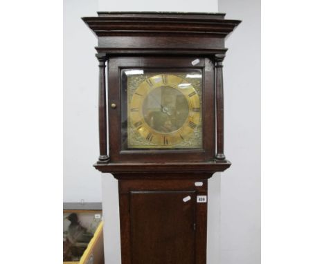 An XVIII Century Thirty Hour Oak Longcase Clock, the hood with stepped cornice over square door to the brass dial with Roman 