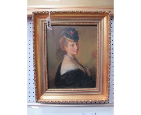 ENGLISH SCHOOL (XIX Century) Portrait of a Young Lady Wearing a Blue Trimmed Blouse, Black Lace Shawl and Hat, oil on canvas,