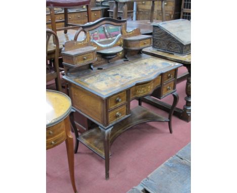 A Late XIX/Early XX Century Inlaid Rosewood Serpentine Shaped Ladies Writing Desk, the back with a shaped mirror over half ro