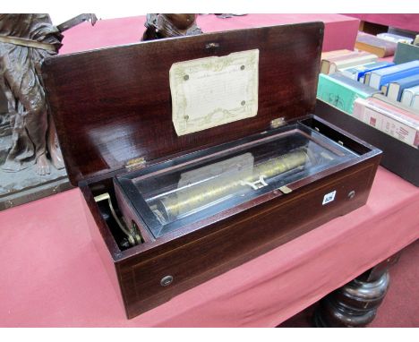 A Mid XIX Century Swiss Musical Box, playing eight airs, the rosewood rectangular case with marquetry floral panel to the cov