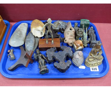 An Interesting Collection of Chinese and Other Items, to include two axe heads, clay lamp, hardstone beast, metal figures, Be