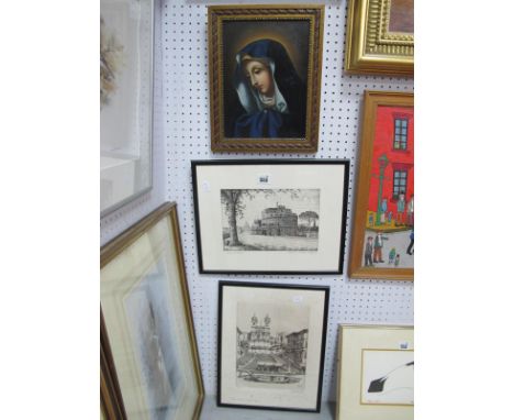 CONTINENTAL SCHOOL (XIX Century) Madonna in Blue Cloak, oil on board, unsigned, 26.5 x 19cm, Two etchings of Rome, signed and