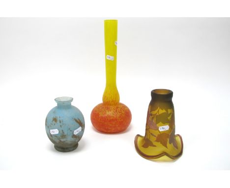 A Gallé Style Cameo Glass Lamp Shade, overlaid with stylised flowers and foliage against a yellow ground, 16cm high; An Art G