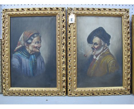 ITALIAN SCHOOL (Early XX Century) Portraits of an Elderly Gentleman Smoking a Pipe, His Companion Wearing a Shawl and Headsca