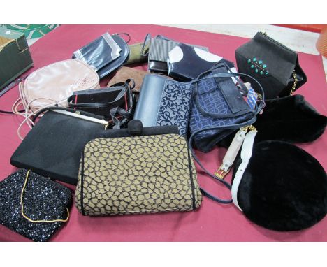 A Russell &amp; Bromley Black Leather and Faux Fur Handbag, a matched faux fur hat, a Stuart Weitzman black suede and gold pr