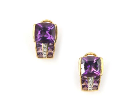 A pair of 18 karat gold amethyst and diamond earrings. Featuring cushion, carré cut amethyst and ten brilliant cut diamonds. 