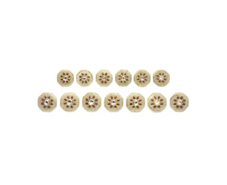 A complete set of gem-set enamelled jade sherwani buttons India, 20th Centuryeach of octagonal form with ribbed edges, set wi