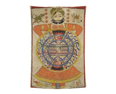 A large painting on cloth depicting a nobleman holding a cosmic diagram (adhaidvipa) Rajasthan, 19th Centurygouache on cloth 