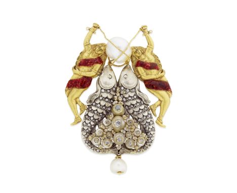 A diamond-set and pearl-mounted gold turban ornament (jigah) with the paired-fish of Lucknow India, 19th Centurythe silver pa