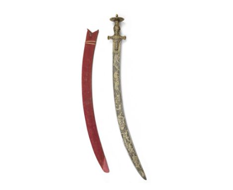 A gold koftgari steel sword (tulwar) with hunting scenes  Rajasthan, 19th Centurythe single-edged steel blade of curved form,