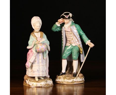 A Pair of Meissen Figures: A Gentleman in period costume with telescope and walking cane, and a lady with lace bonnet, lace t