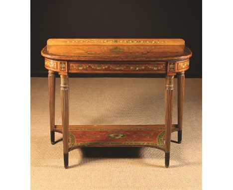 A Fine 19th Century Sheraton Style Painted Satinwood & Mahogany Cross-banded Console/Side Table. The D-shaped top decorated w