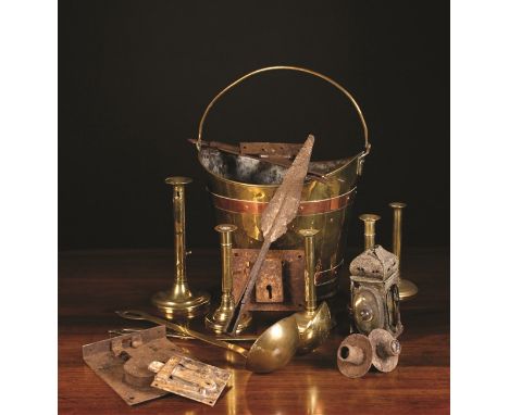 A Collection of Brass & Iron-wares: A 19th Century Copper Bound Brass Bucket, two pairs of brass candlesticks with sliding st