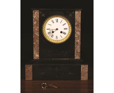 A Victorian Slate Mantel Clock set in a rectangular case inset with figured marble bands and decorated with engraved & gilded