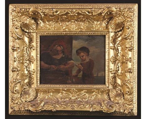 An Early 19th Century Oil on Panel depicting a woman smoking a clay pipe and shucking oysters with a boy stood alongside samp