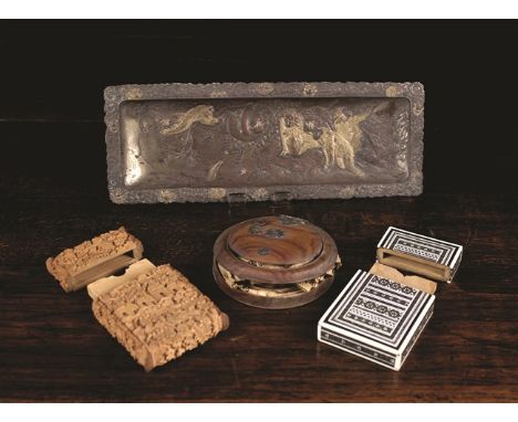 Two Card Cases, An Antique Chinese Folding Lantern and a decorative Japanese Pen Tray. One card case being Anglo-Indian sanda