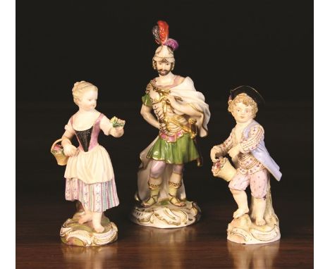 Three Fine Porcelain Figures with Meissen Marks: A Gentleman dressed in Roman outfit with plumed helmet and gilt embellishmen