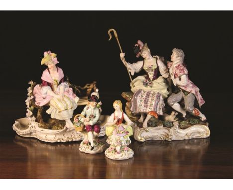 Four Continental Porcelain Figural Ornaments: A Rudolstadt Volkstead Müller & Co romantic group modelled as a shepherdess sat